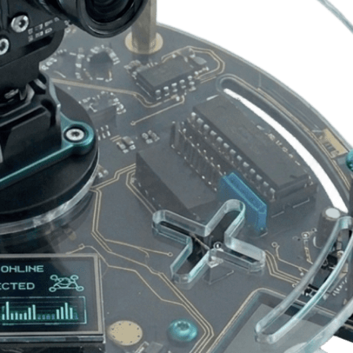 Close-up of the blue I²C header and controller chips on the top deck