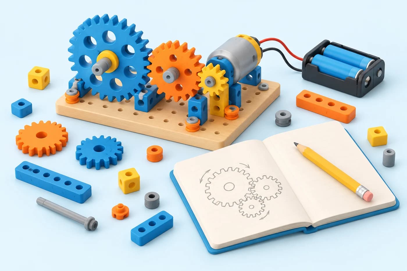 Illustrated gears, a small motor and a notebook for investigating how things move
