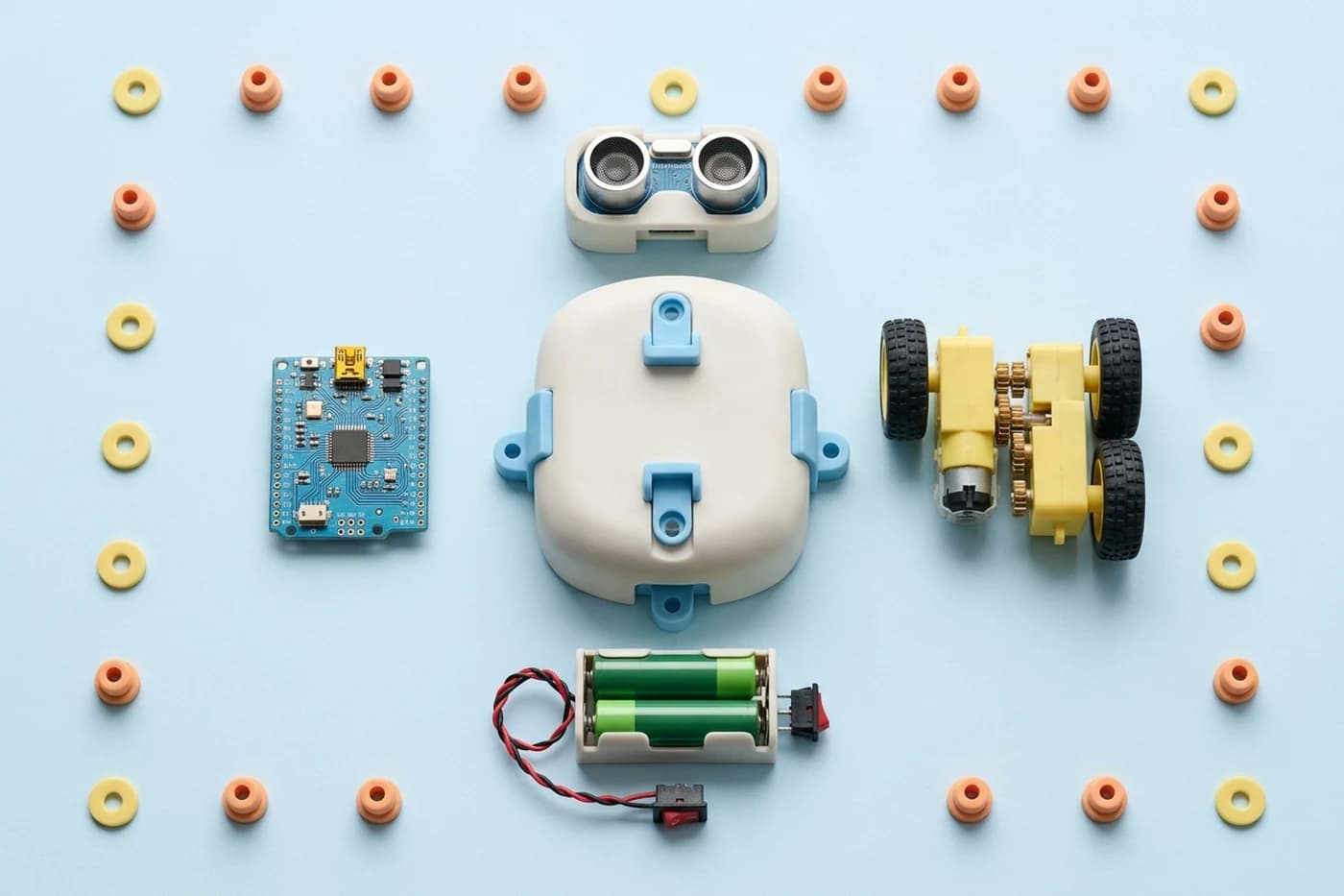 Flat-lay of a small robot's five parts: ultrasonic sensor, controller board, motors with wheels, battery holder and shell