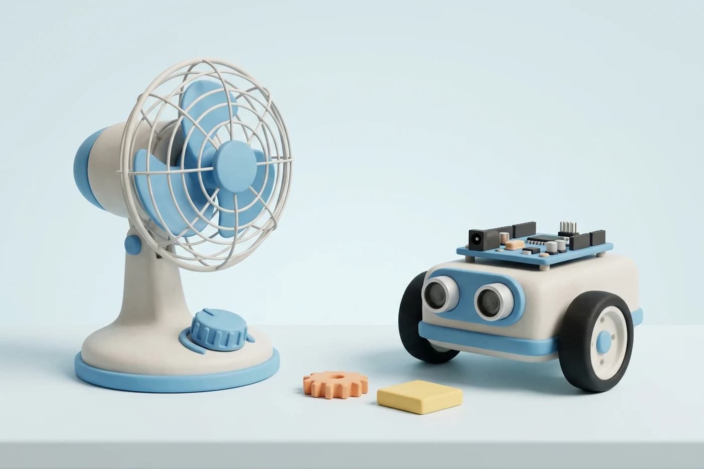A manual desk fan beside a finished sensing robot