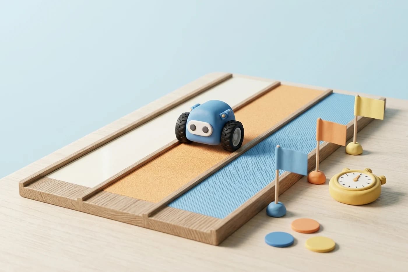 Illustration of a small robot on a three-lane test track beside flags and a stopwatch