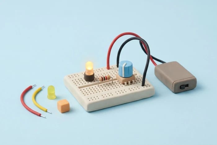 A breadboard with a glowing LED, resistor and dial wired to a two-cell battery holder