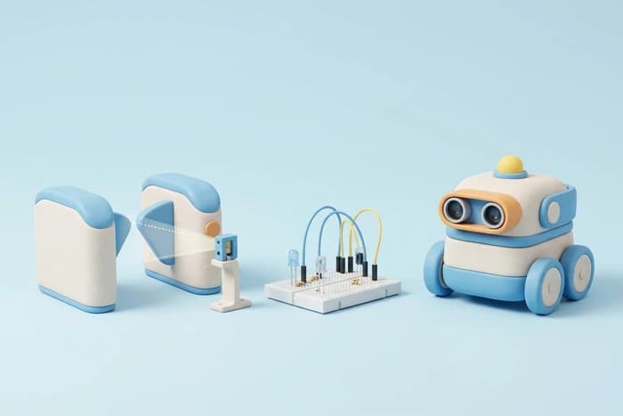 A miniature sliding door, a remote control and a sensor module side by side