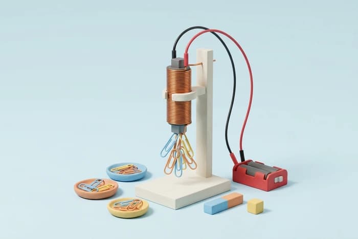 A wire coil around an iron core lifting paperclips, wired to a battery holder