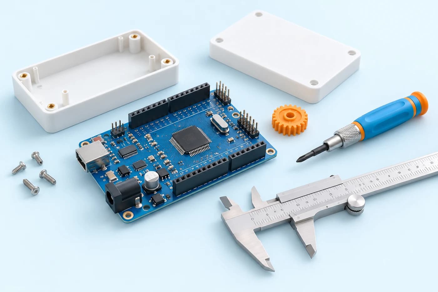 Illustration of a microcontroller board, enclosure parts, a screwdriver and calipers on a workbench