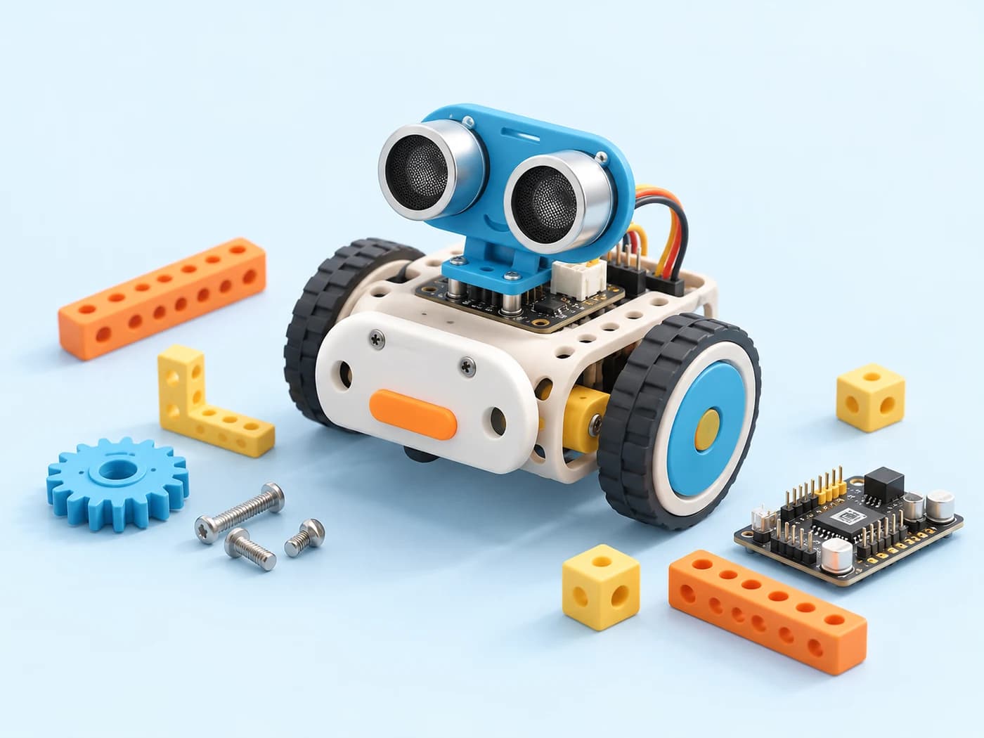 Illustration of a small two-wheeled robot with an ultrasonic sensor, surrounded by building blocks, gears and a circuit board